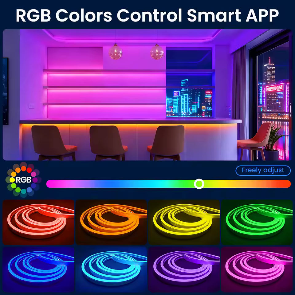 Flexible LED Neon Rope Lights with App/Remote, DIY Design Waterproof Outdoor RGB String Lamp, Music Sync for Bedroom Party