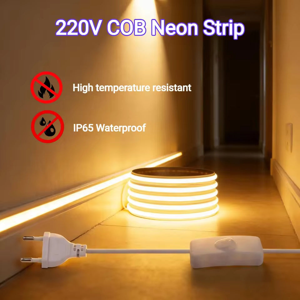 220V Pure Silicone Solid COB Neon LED Strip Light, IP65 Waterproof 1m roll